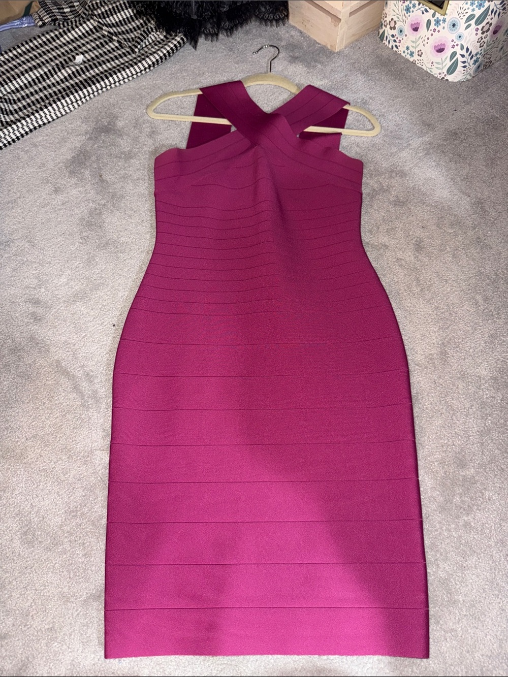 VENUS Fitted Bandage Dress in Magenta with Cross-Strap Neckline
